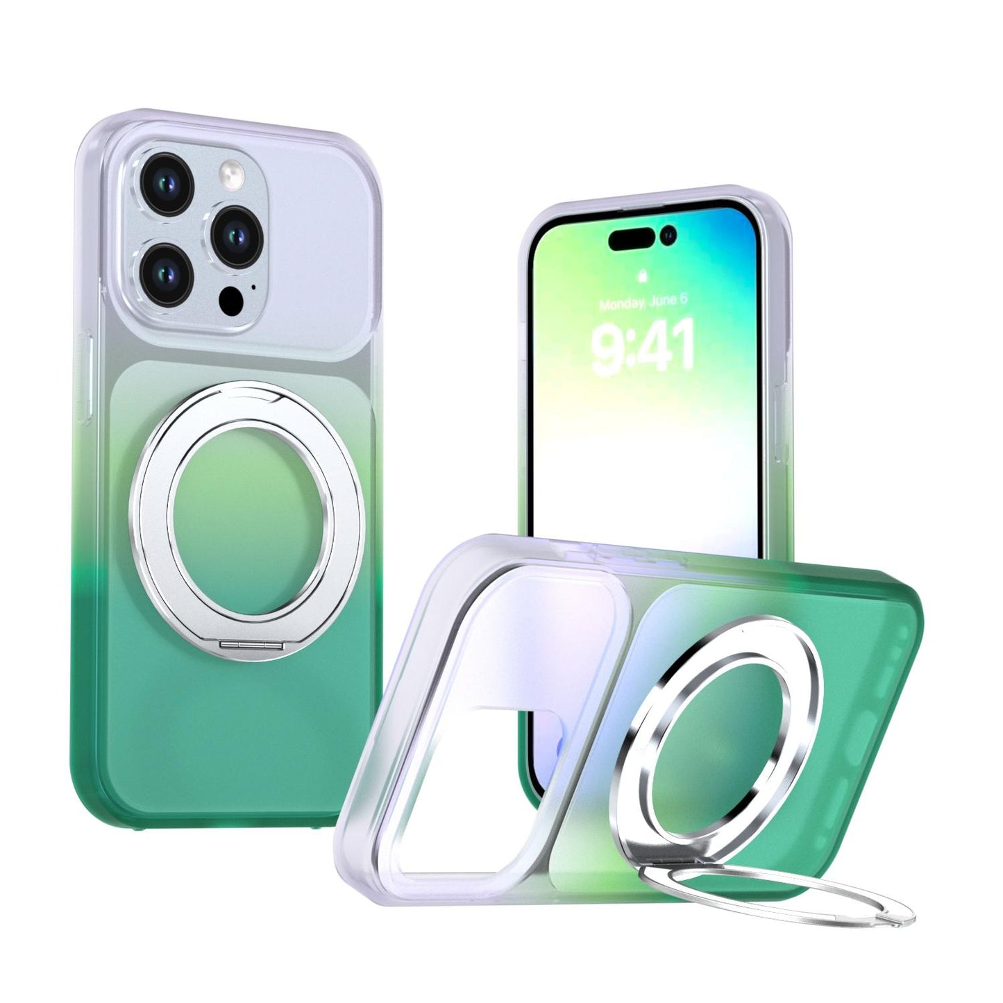 For iPhone 14 Pro Phantom Skin Feel Gradient 360 Degree Rotating Holder Phone Case(Green)