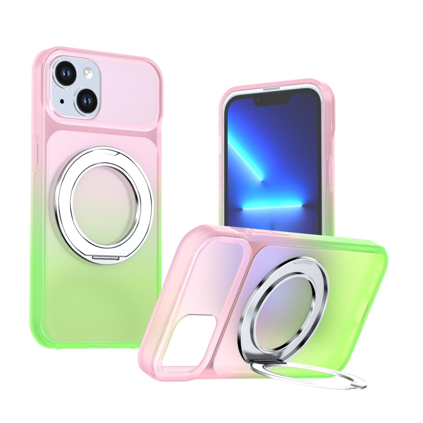 For iPhone 14 / 13 Phantom Skin Feel Gradient 360 Degree Rotating Holder Phone Case(Pink)