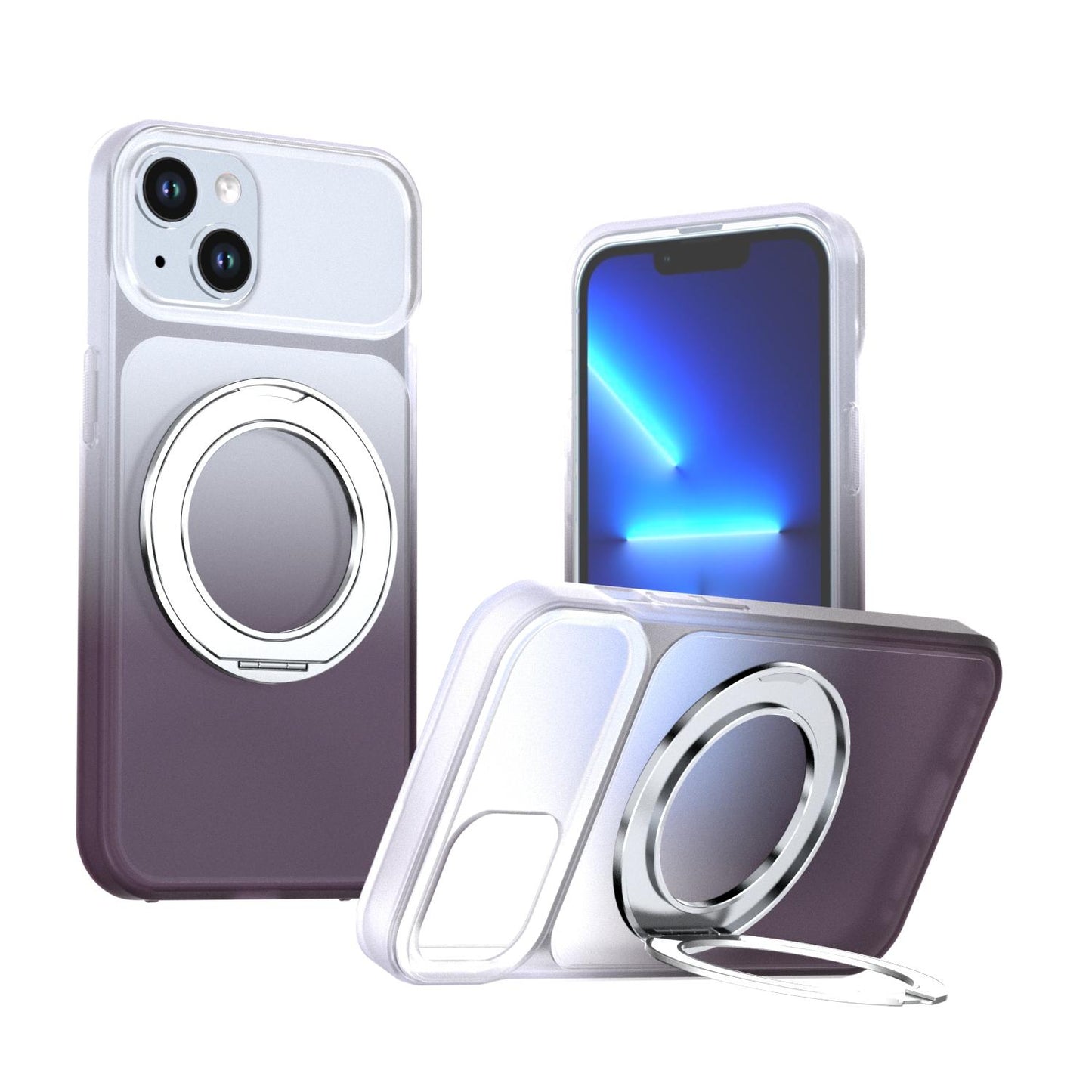 For iPhone 14 / 13 Phantom Skin Feel Gradient 360 Degree Rotating Holder Phone Case(Grey)