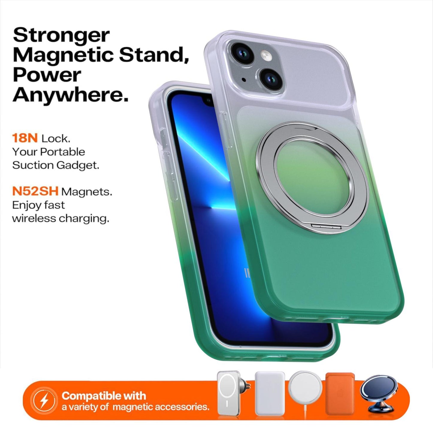 For iPhone 14 / 13 Phantom Skin Feel Gradient 360 Degree Rotating Holder Phone Case(Green)