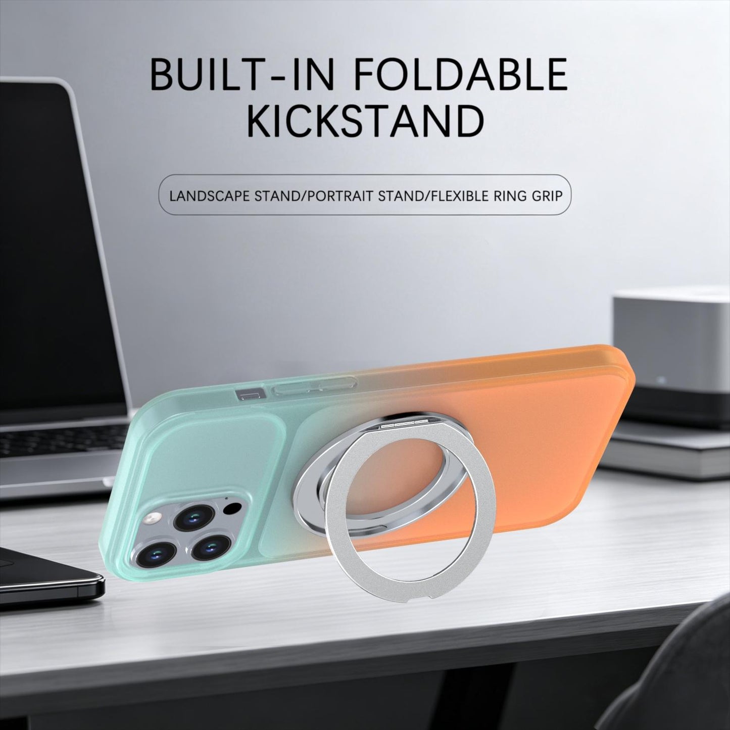 For iPhone 13 Pro Max Phantom Skin Feel Gradient 360 Degree Rotating Holder Phone Case(Orange)