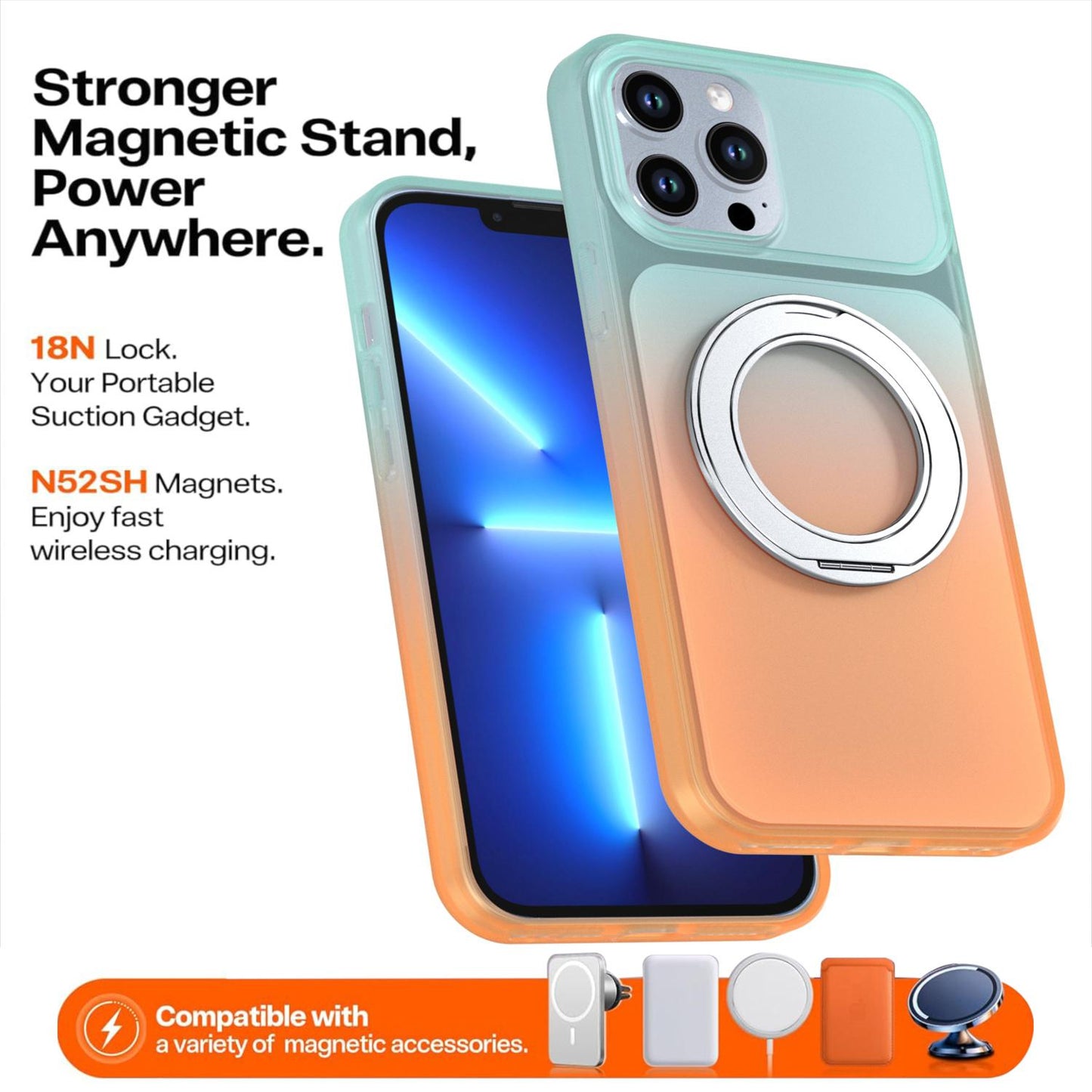 For iPhone 13 Pro Max Phantom Skin Feel Gradient 360 Degree Rotating Holder Phone Case(Orange)