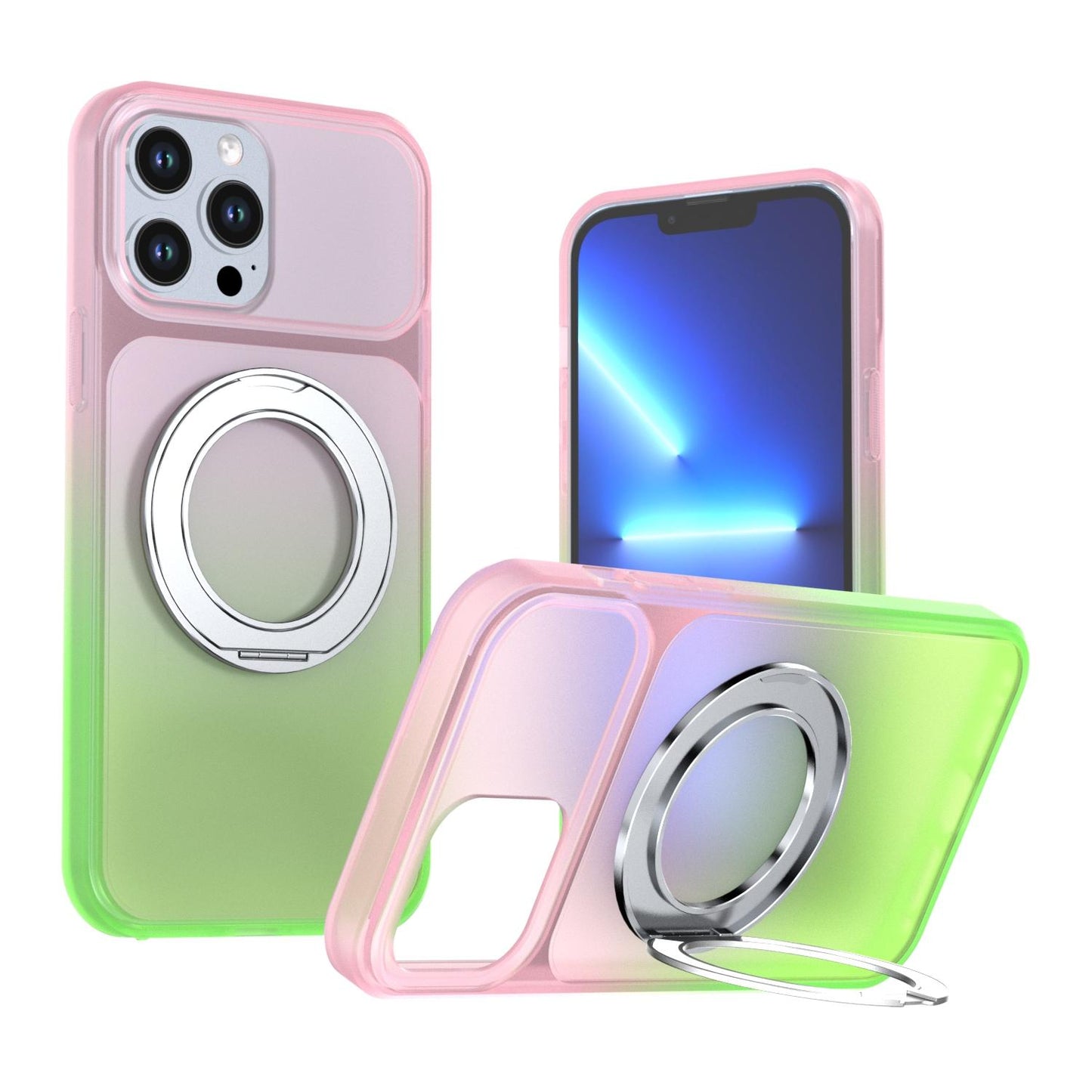For iPhone 13 Pro Max Phantom Skin Feel Gradient 360 Degree Rotating Holder Phone Case(Pink)