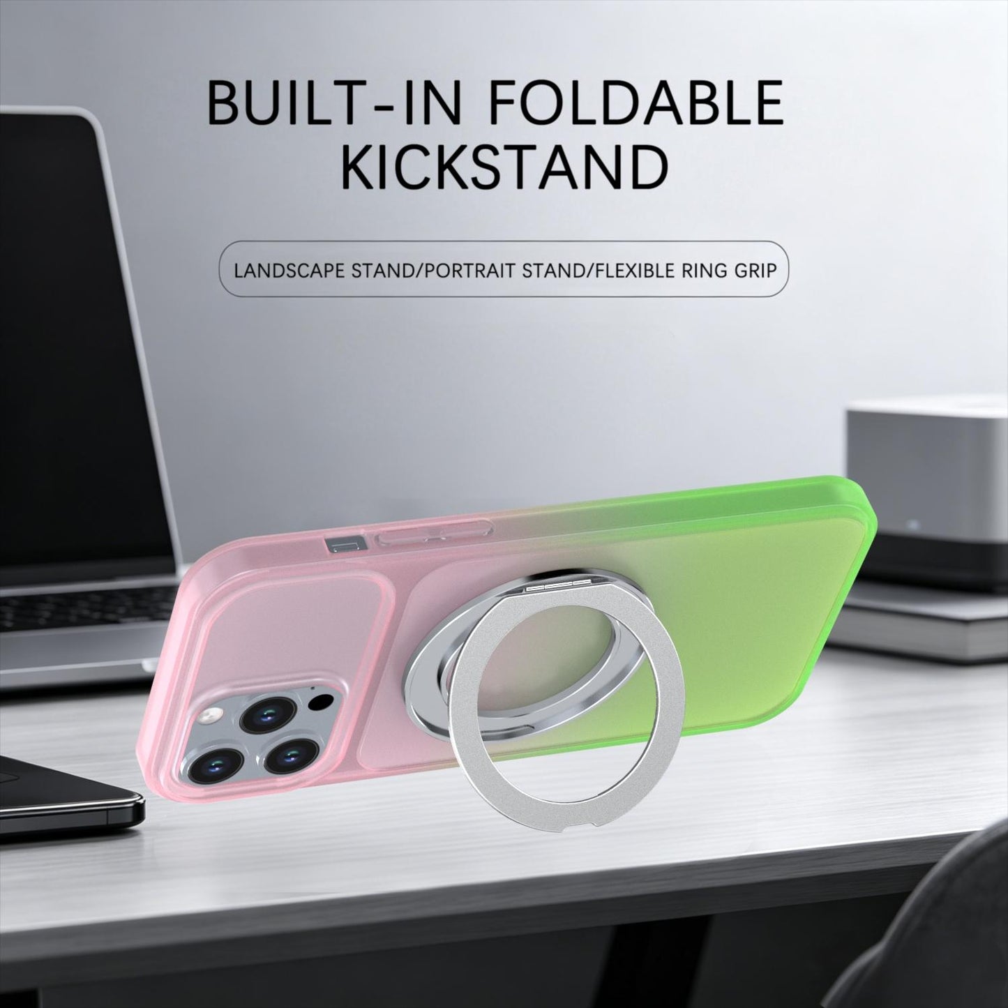 For iPhone 13 Pro Max Phantom Skin Feel Gradient 360 Degree Rotating Holder Phone Case(Pink)