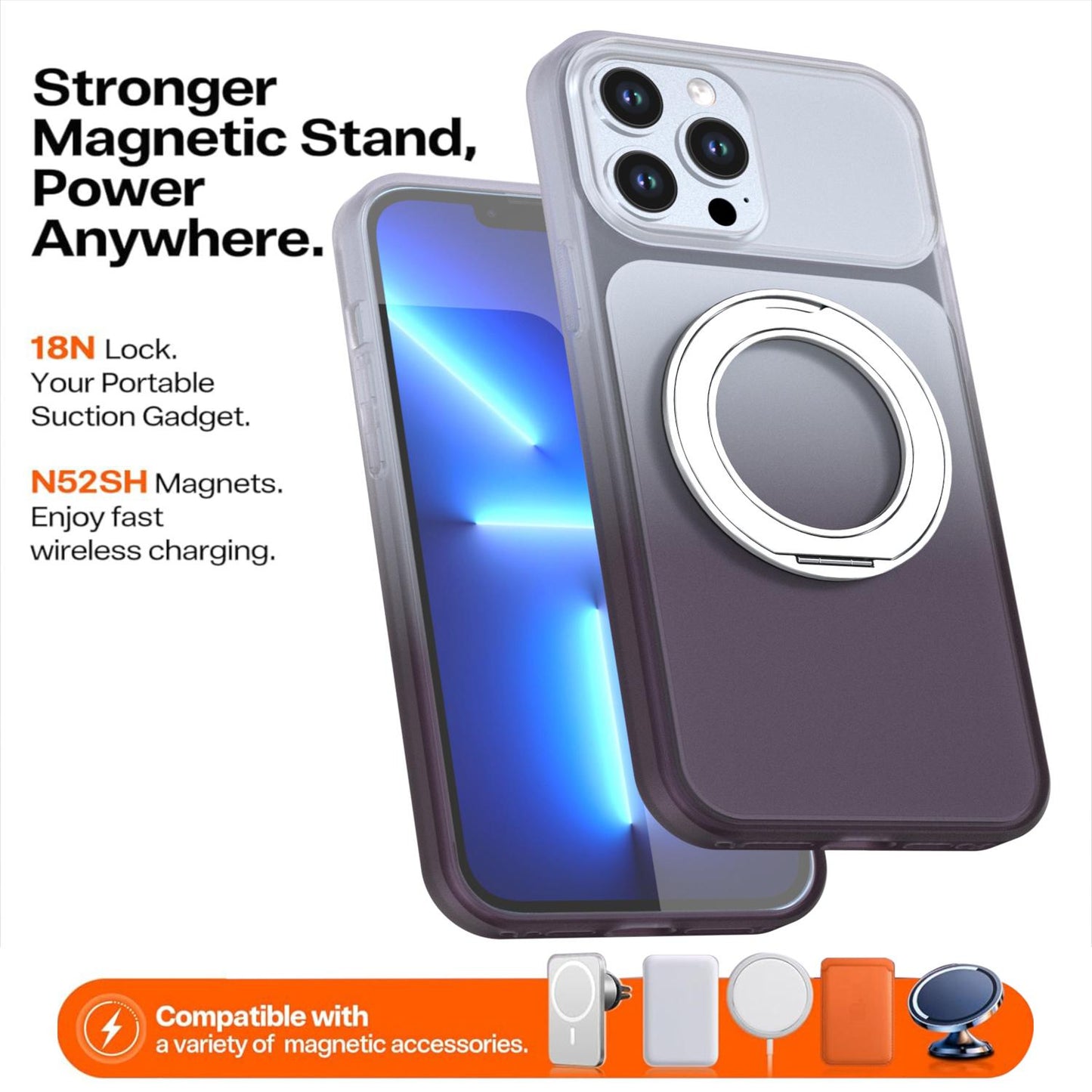 For iPhone 13 Pro Max Phantom Skin Feel Gradient 360 Degree Rotating Holder Phone Case(Grey)