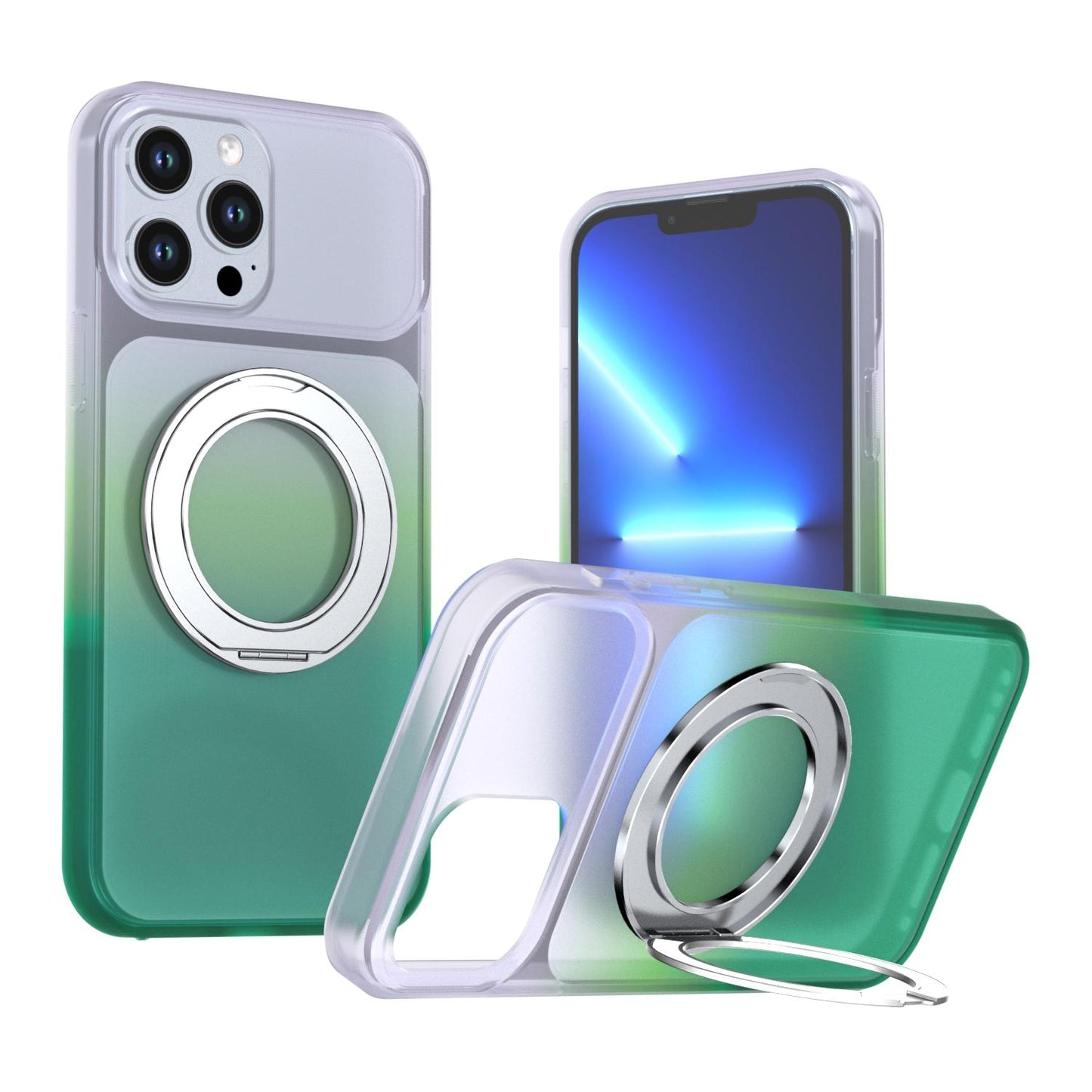 For iPhone 13 Pro Max Phantom Skin Feel Gradient 360 Degree Rotating Holder Phone Case(Green)