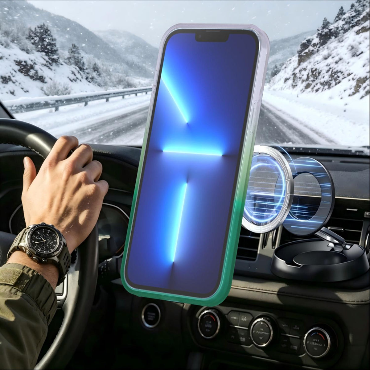 For iPhone 13 Pro Max Phantom Skin Feel Gradient 360 Degree Rotating Holder Phone Case - Green - EDA009999016D