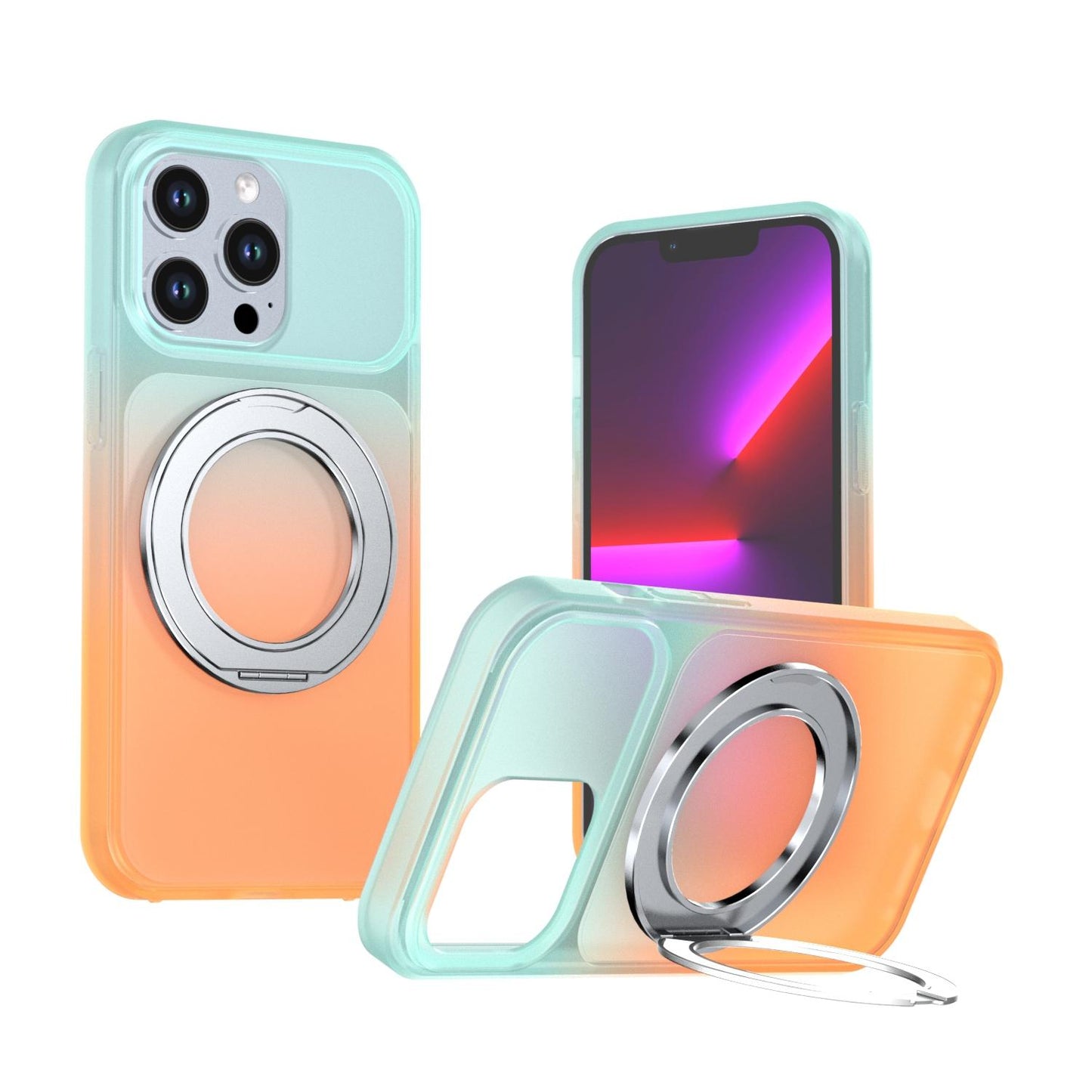 For iPhone 13 Pro Phantom Skin Feel Gradient 360 Degree Rotating Holder Phone Case(Orange)