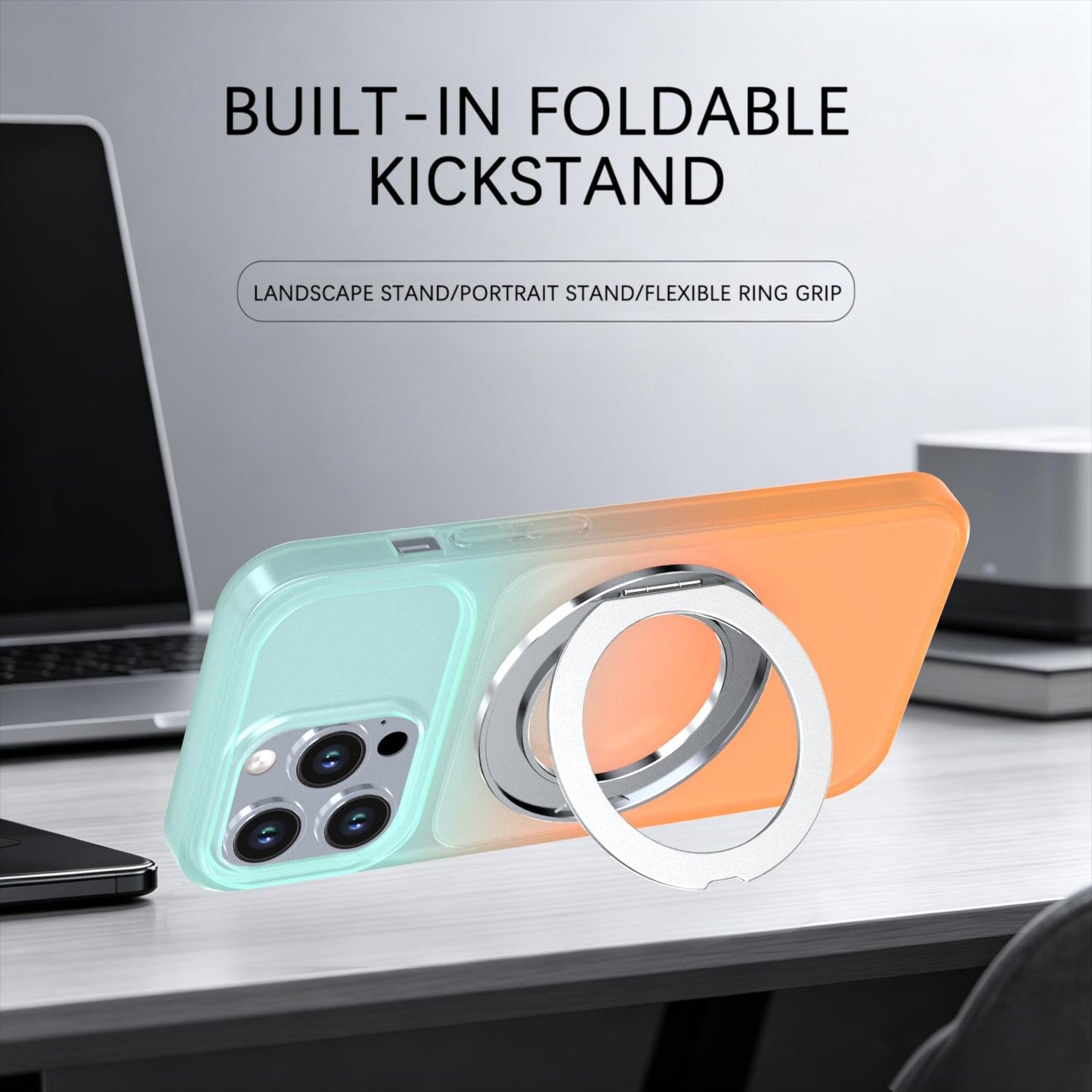 For iPhone 13 Pro Phantom Skin Feel Gradient 360 Degree Rotating Holder Phone Case(Orange)