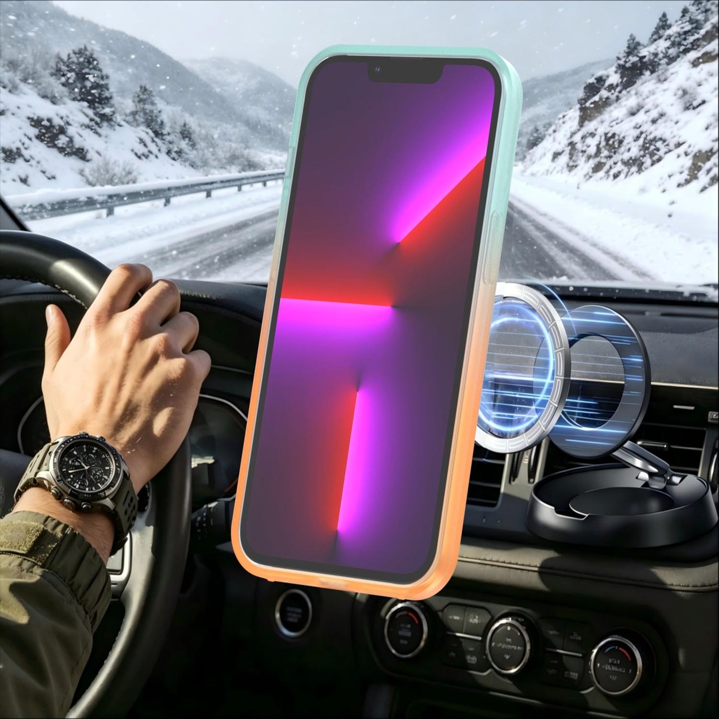 For iPhone 13 Pro Phantom Skin Feel Gradient 360 Degree Rotating Holder Phone Case(Orange)