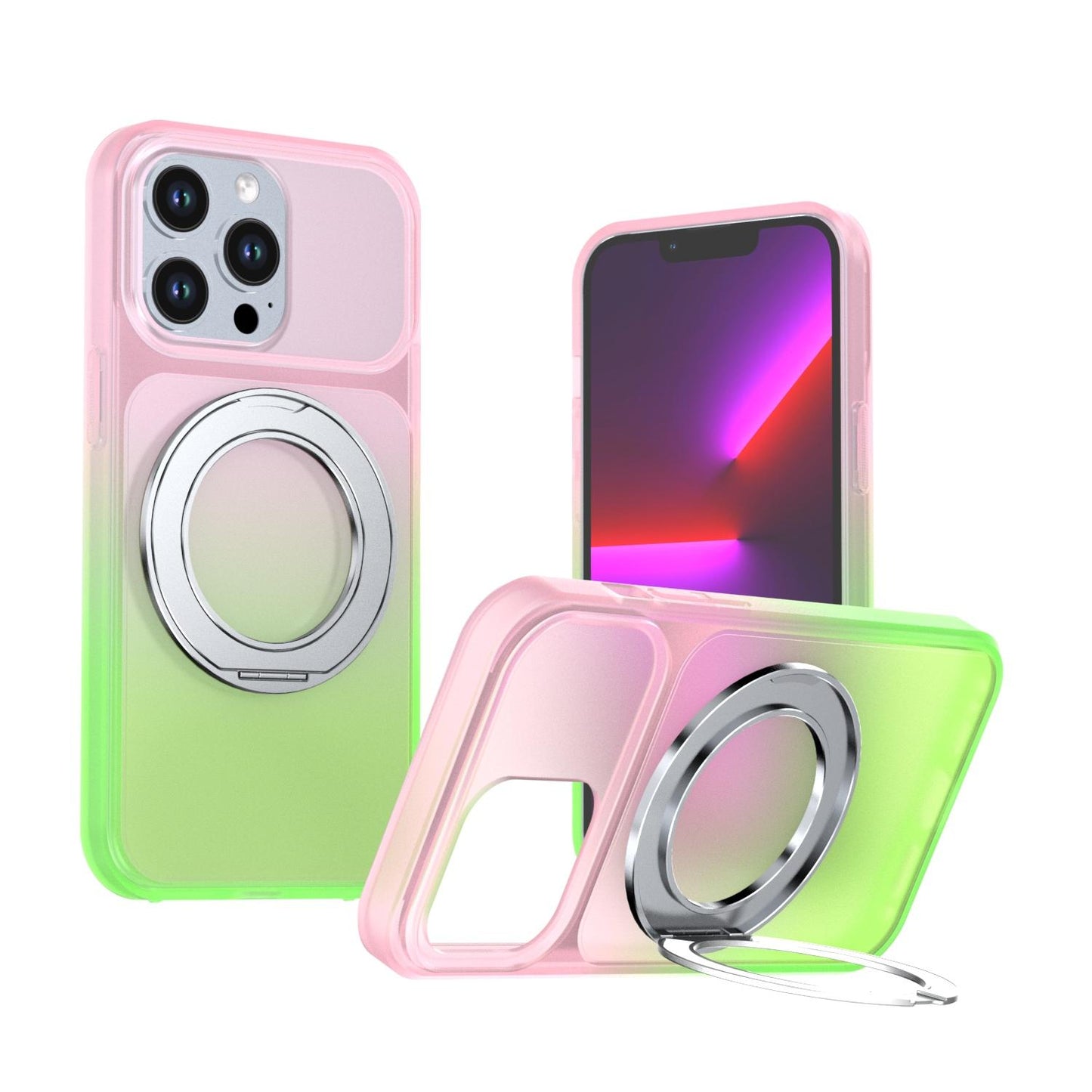 For iPhone 13 Pro Phantom Skin Feel Gradient 360 Degree Rotating Holder Phone Case(Pink)