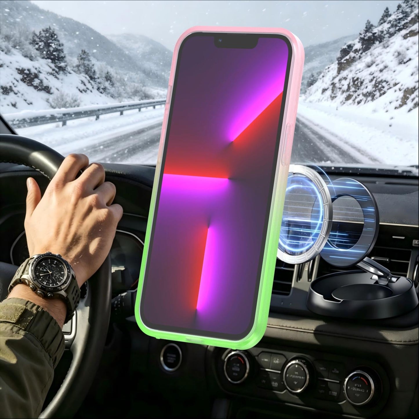 For iPhone 13 Pro Phantom Skin Feel Gradient 360 Degree Rotating Holder Phone Case(Pink)