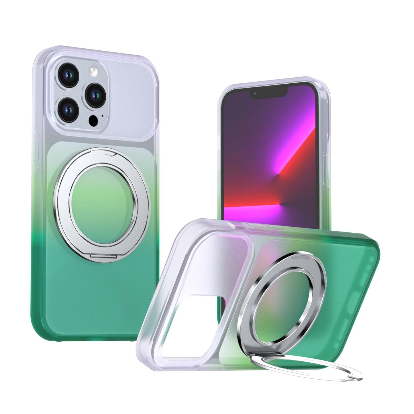 For iPhone 13 Pro Phantom Skin Feel Gradient 360 Degree Rotating Holder Phone Case(Green)
