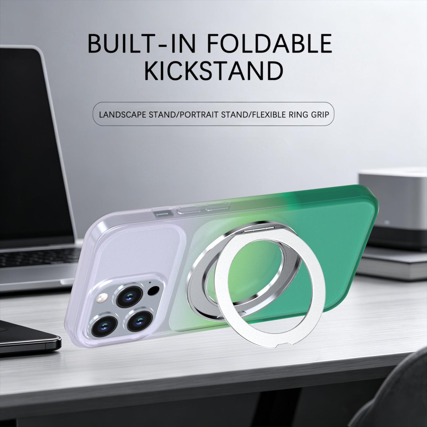 For iPhone 13 Pro Phantom Skin Feel Gradient 360 Degree Rotating Holder Phone Case(Green)