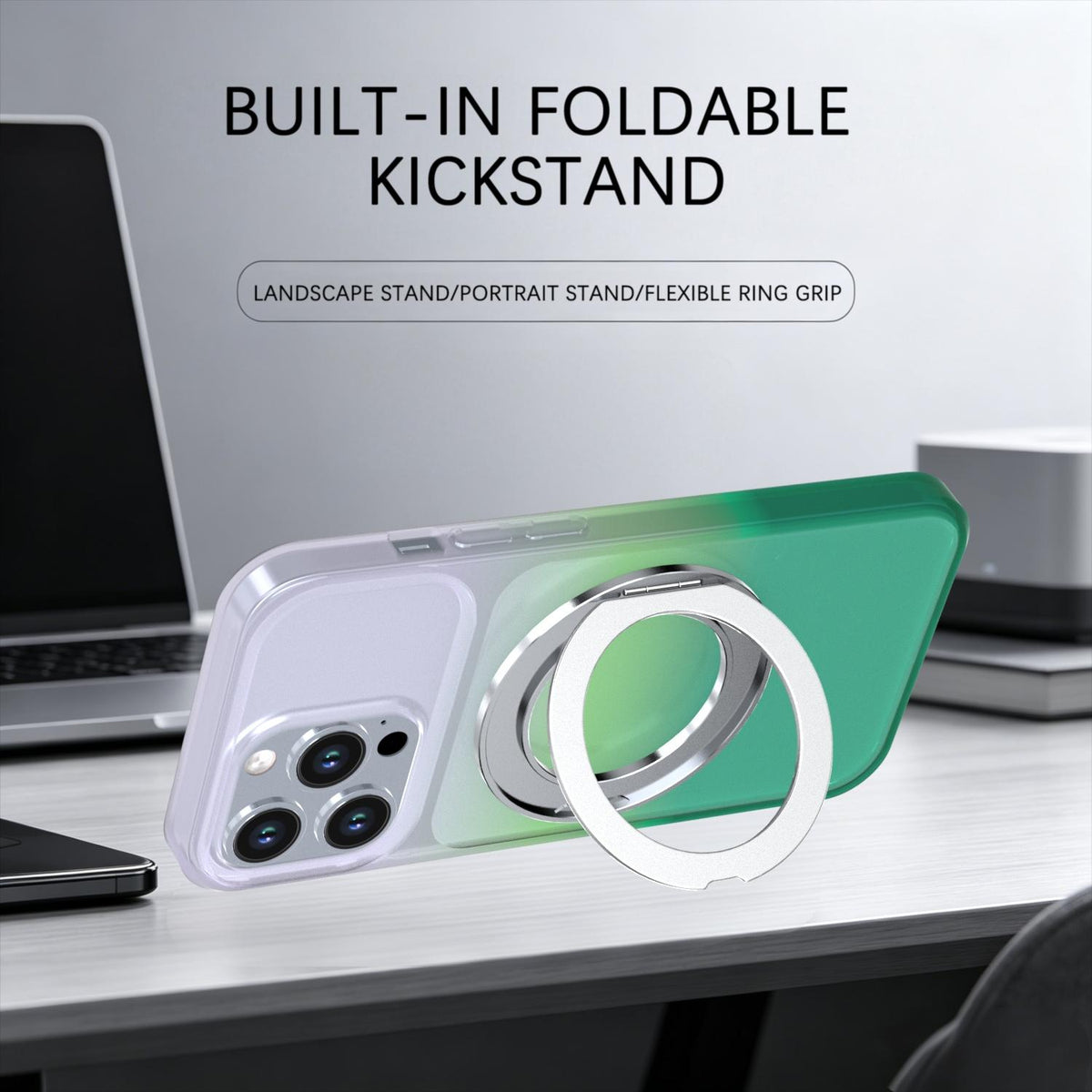 For iPhone 13 Pro Phantom Skin Feel Gradient 360 Degree Rotating Holder Phone Case - Green - EDA009999017D