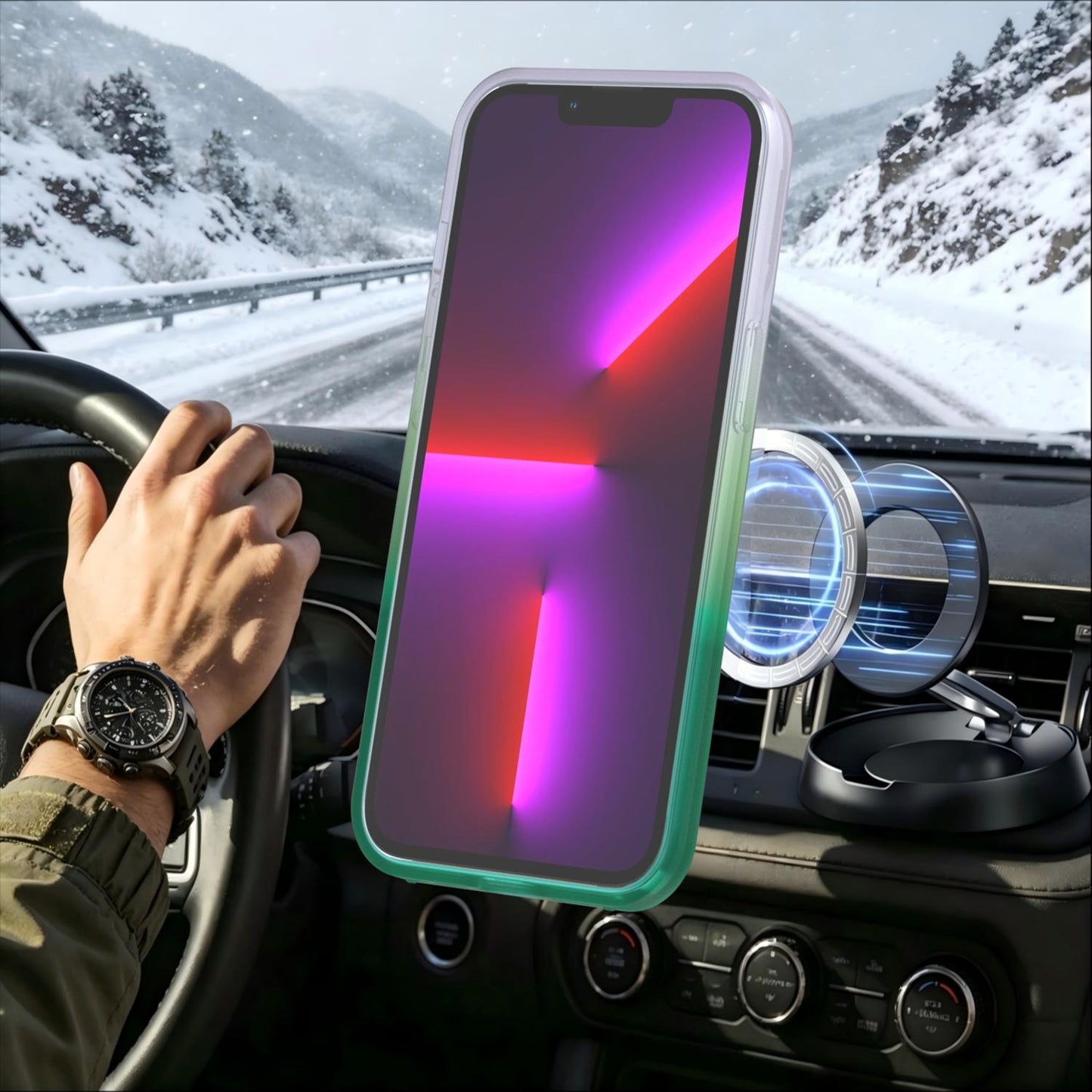 For iPhone 13 Pro Phantom Skin Feel Gradient 360 Degree Rotating Holder Phone Case(Green)