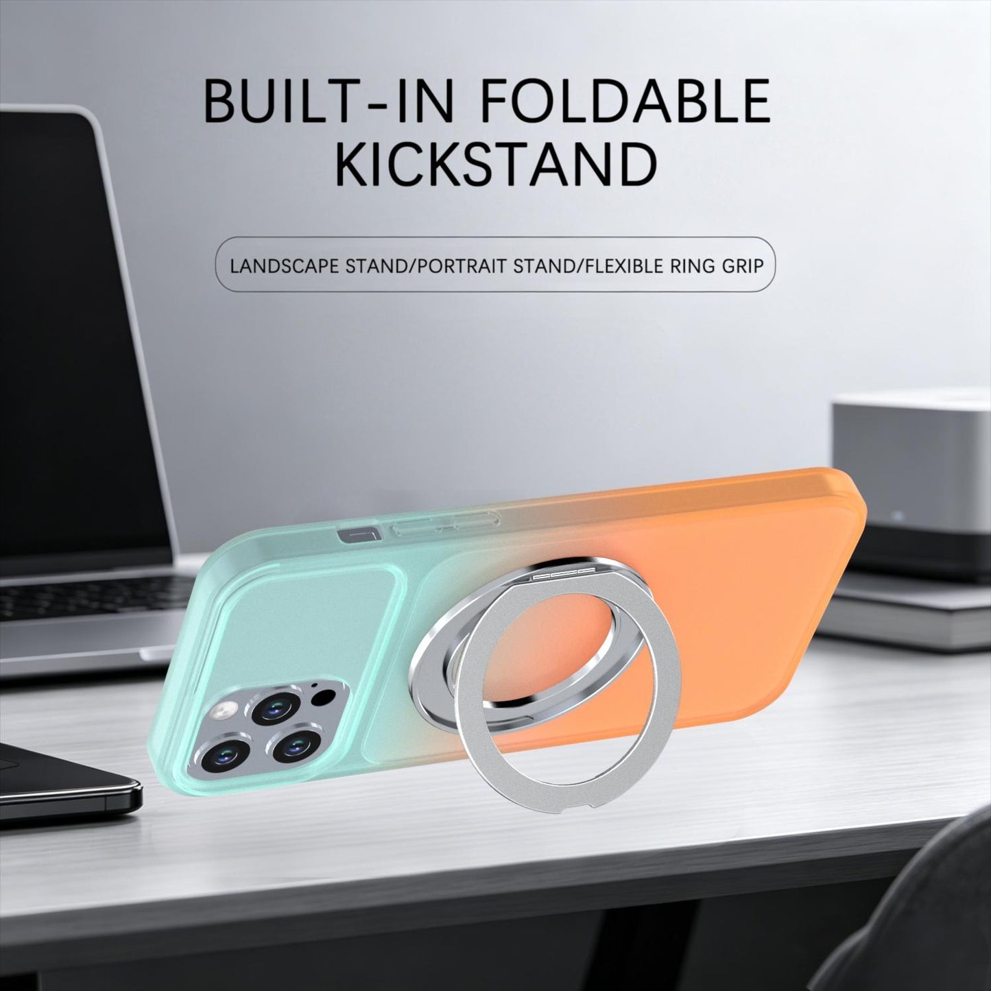 For iPhone 12 Pro Max Phantom Skin Feel Gradient 360 Degree Rotating Holder Phone Case(Orange)