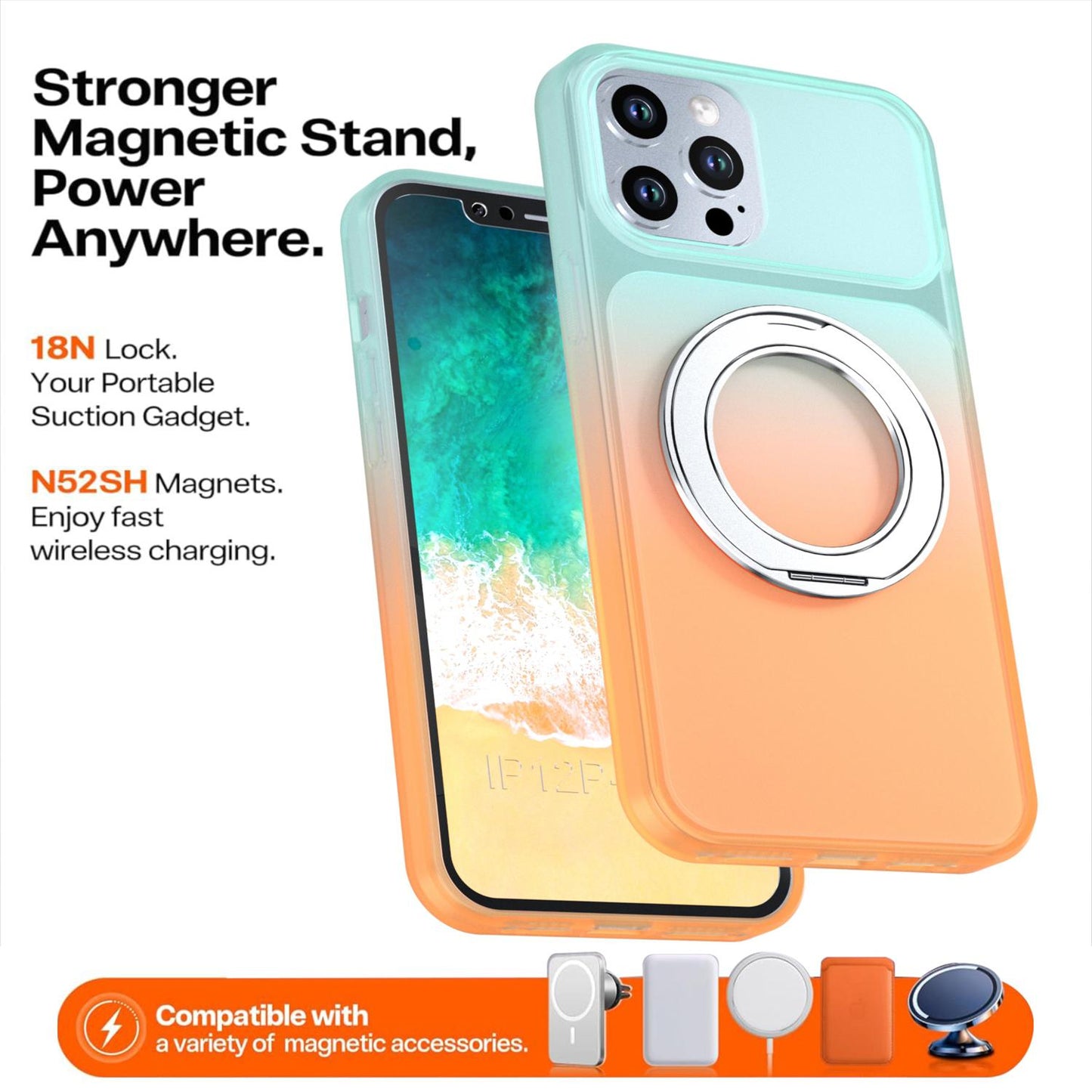 For iPhone 12 Pro Max Phantom Skin Feel Gradient 360 Degree Rotating Holder Phone Case(Orange)