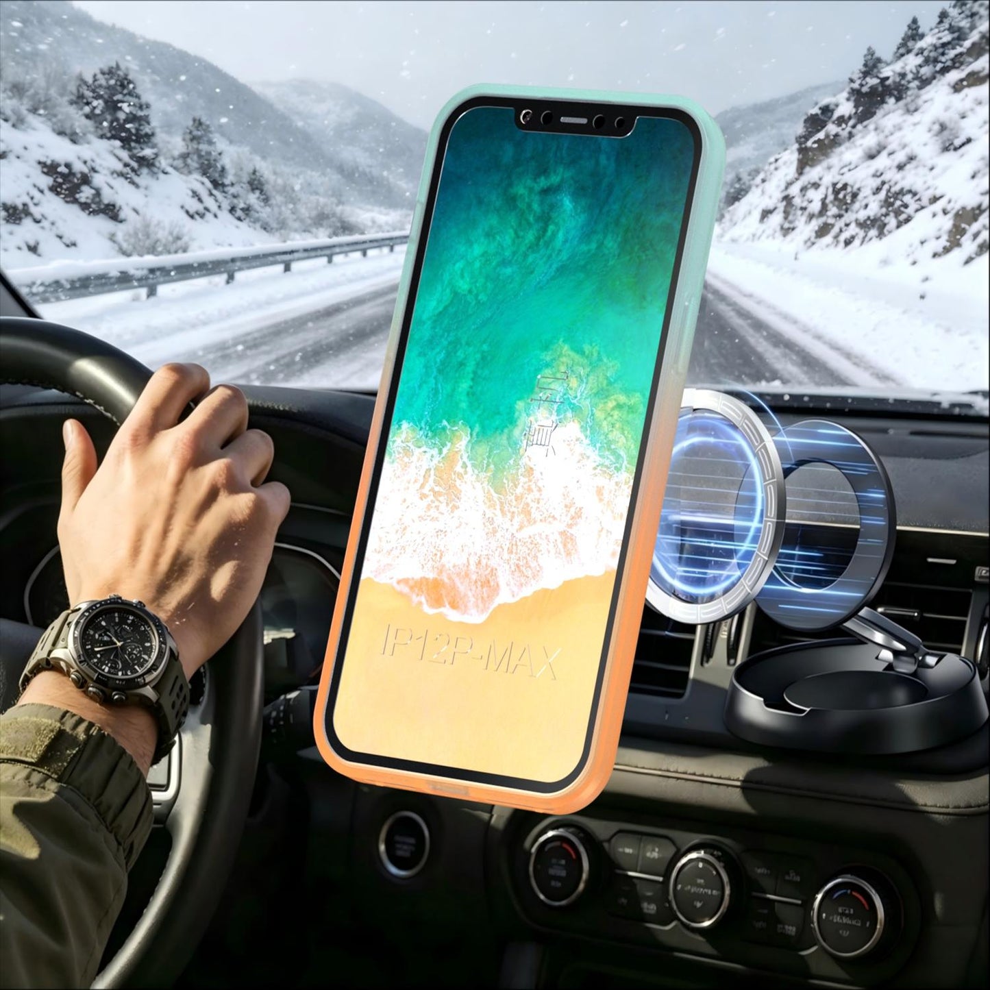 For iPhone 12 Pro Max Phantom Skin Feel Gradient 360 Degree Rotating Holder Phone Case(Orange)