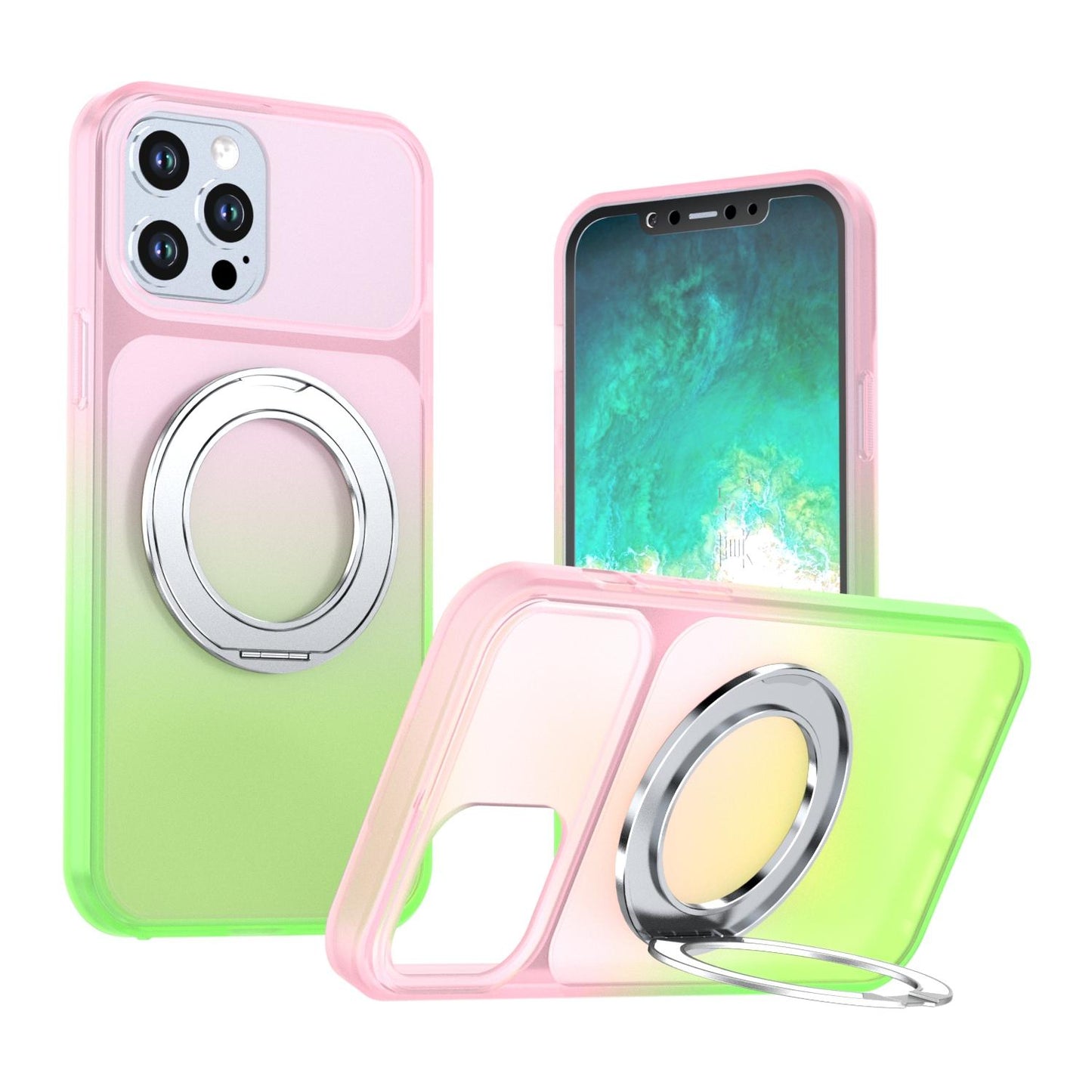 For iPhone 12 Pro Max Phantom Skin Feel Gradient 360 Degree Rotating Holder Phone Case(Pink)