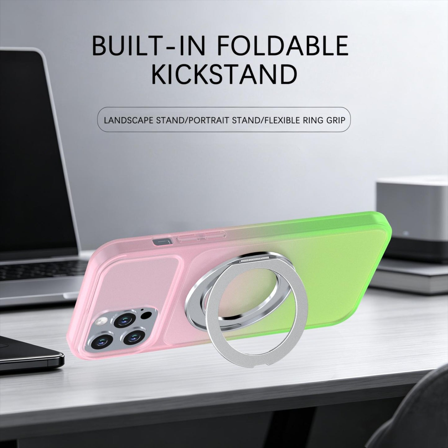 For iPhone 12 Pro Max Phantom Skin Feel Gradient 360 Degree Rotating Holder Phone Case(Pink)