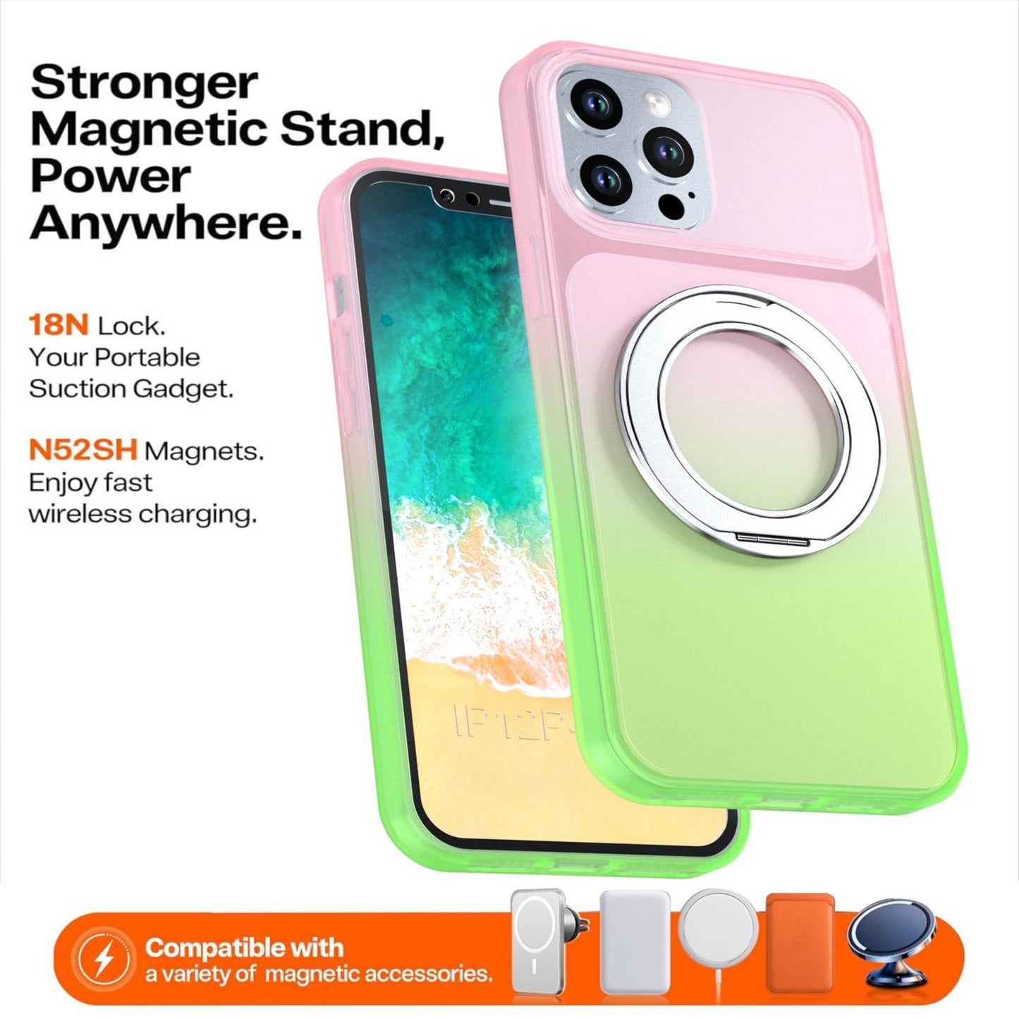 For iPhone 12 Pro Max Phantom Skin Feel Gradient 360 Degree Rotating Holder Phone Case(Pink)