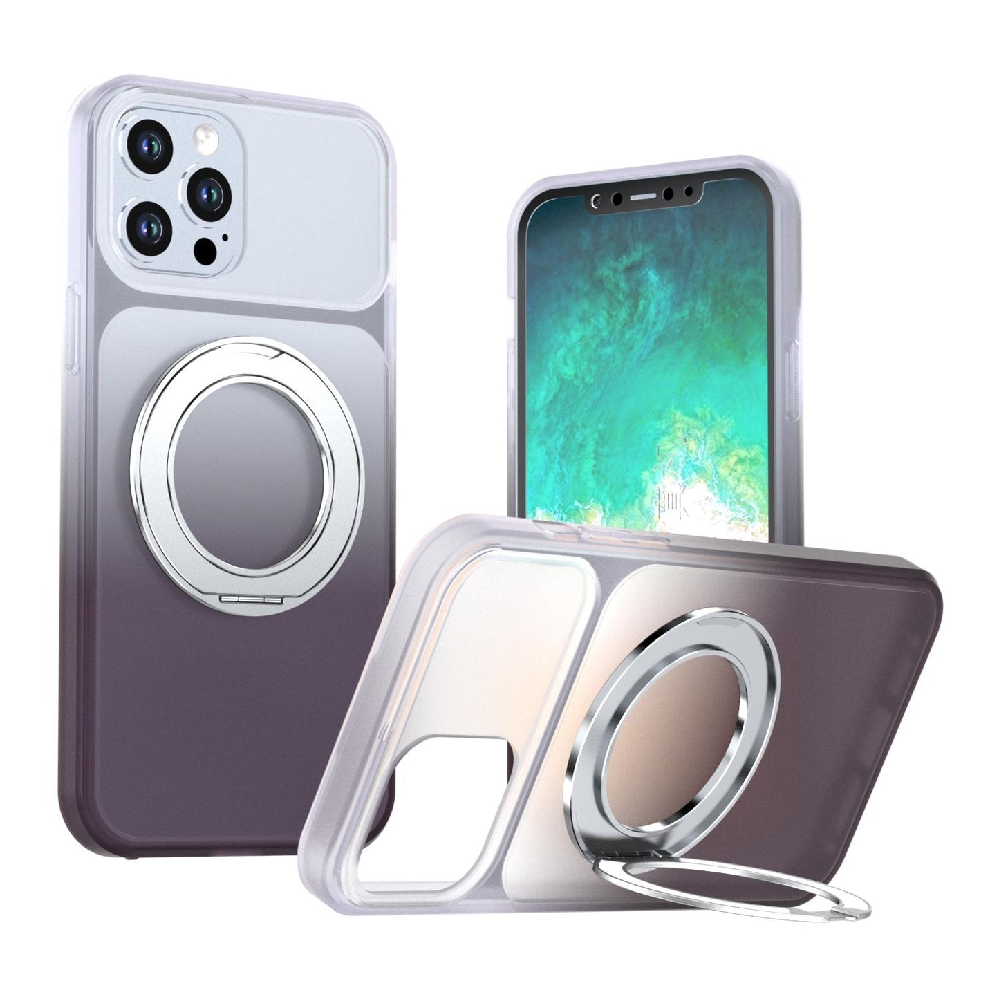 For iPhone 12 Pro Max Phantom Skin Feel Gradient 360 Degree Rotating Holder Phone Case(Grey)