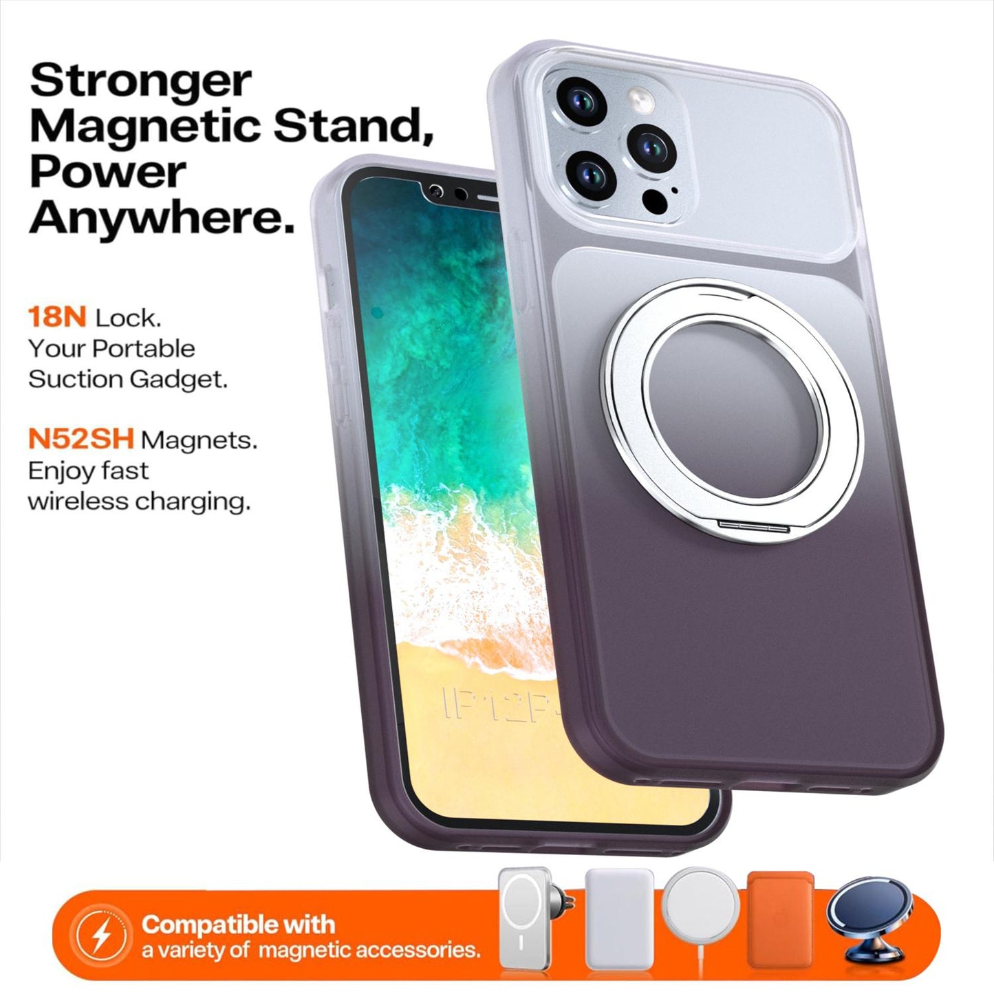 For iPhone 12 Pro Max Phantom Skin Feel Gradient 360 Degree Rotating Holder Phone Case(Grey)
