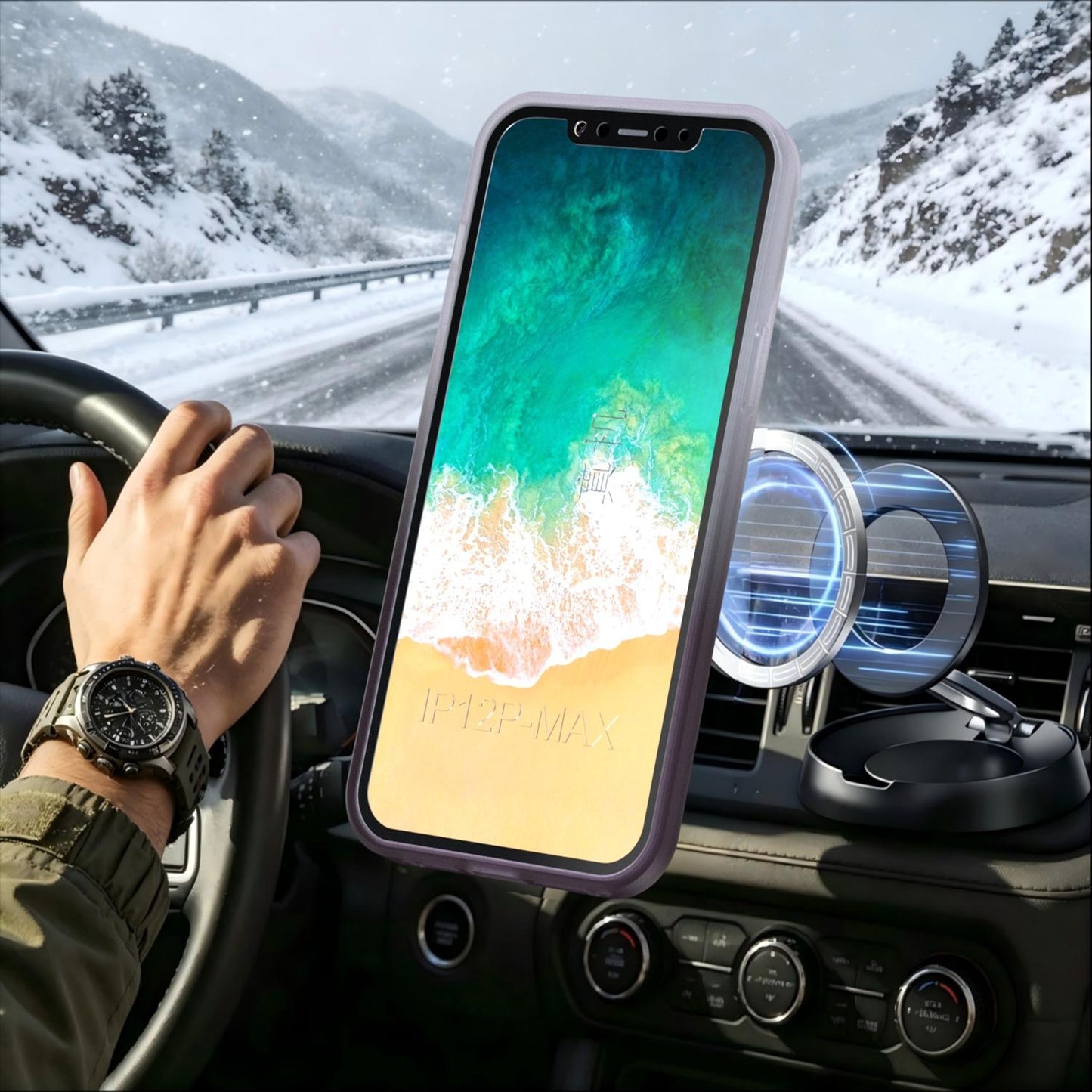 For iPhone 12 Pro Max Phantom Skin Feel Gradient 360 Degree Rotating Holder Phone Case(Grey)