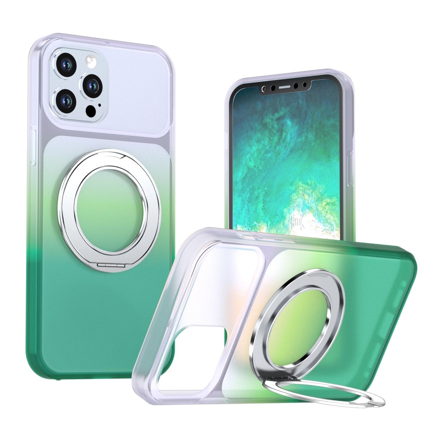 For iPhone 12 Pro Max Phantom Skin Feel Gradient 360 Degree Rotating Holder Phone Case(Green)