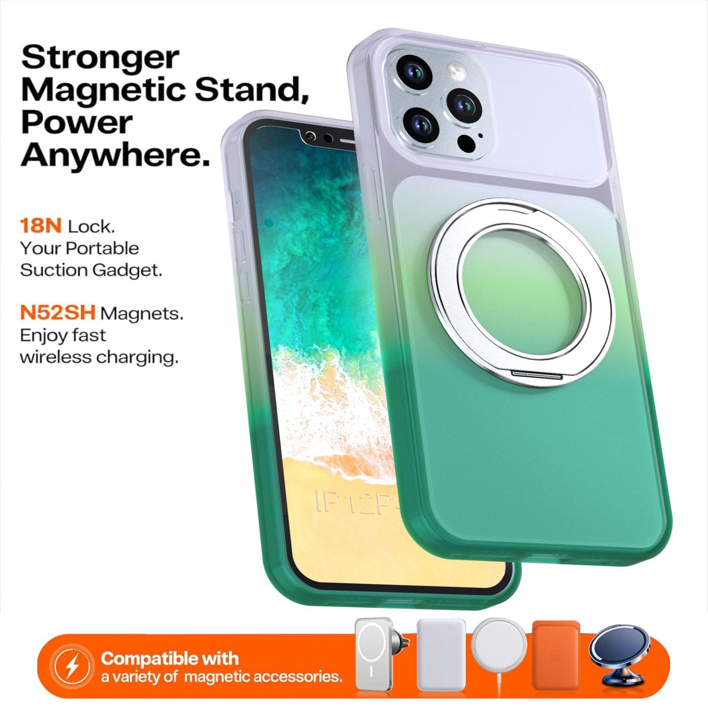 For iPhone 12 Pro Max Phantom Skin Feel Gradient 360 Degree Rotating Holder Phone Case(Green)