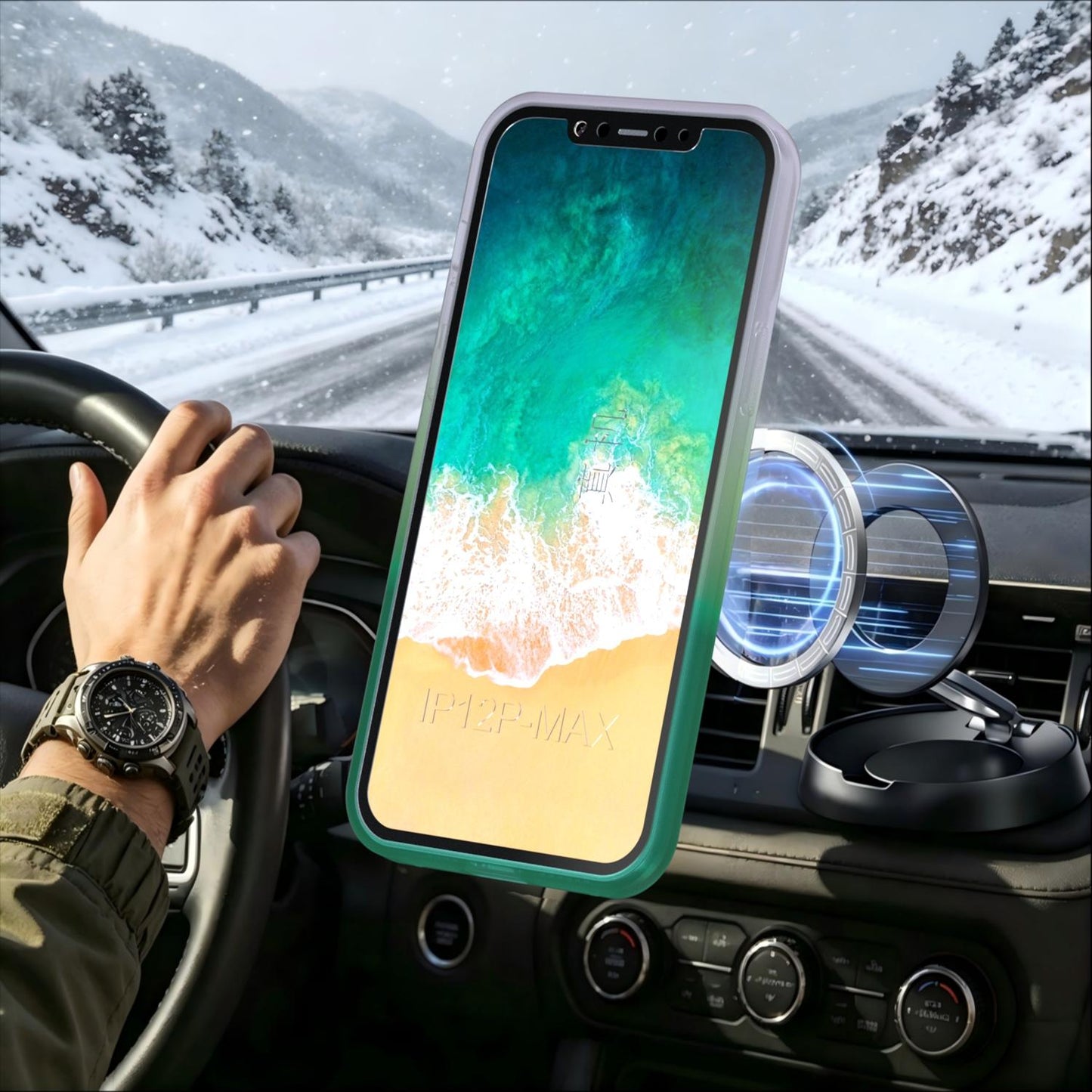 For iPhone 12 Pro Max Phantom Skin Feel Gradient 360 Degree Rotating Holder Phone Case(Green)
