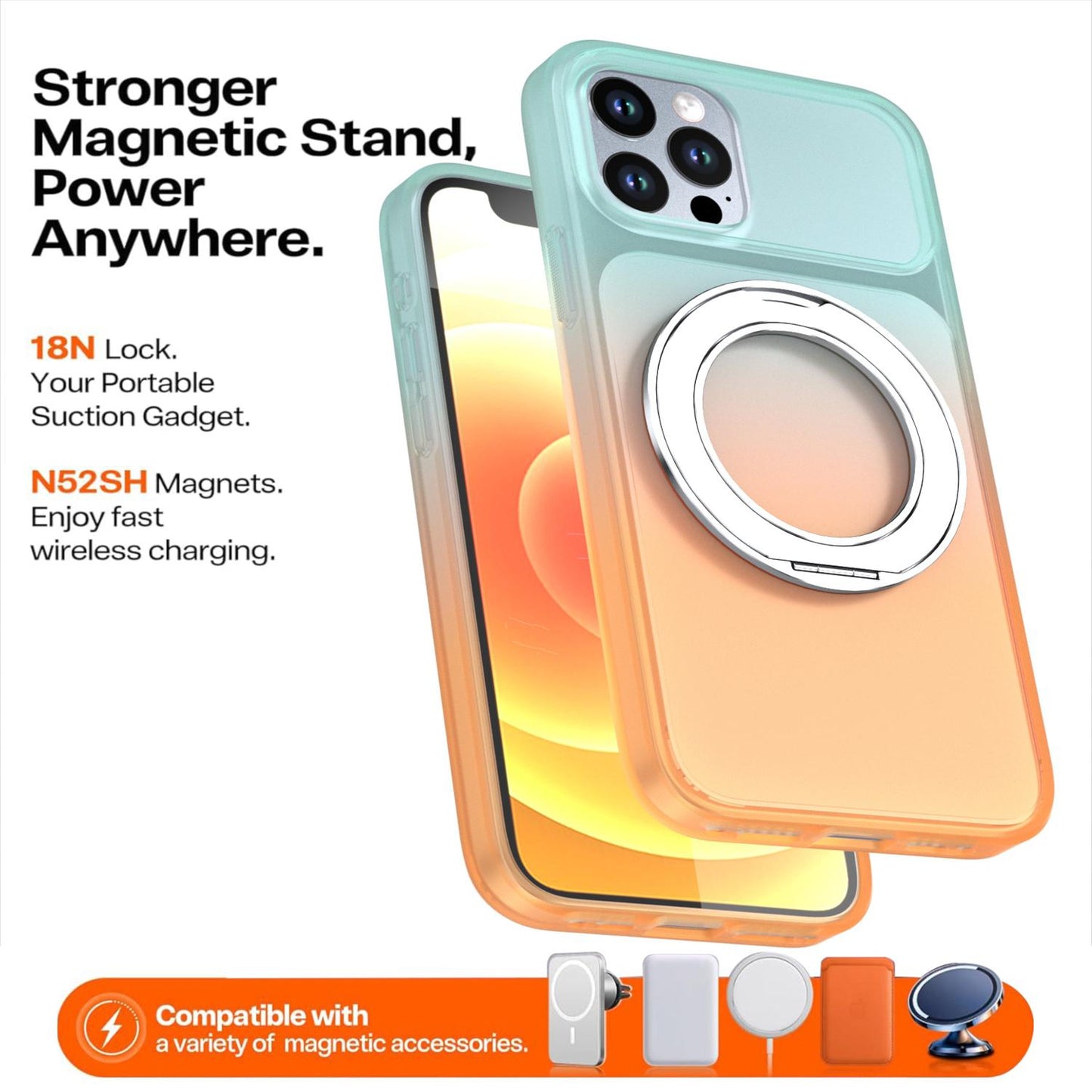 For iPhone 12 / 12 Pro Phantom Skin Feel Gradient 360 Degree Rotating Holder Phone Case(Orange)