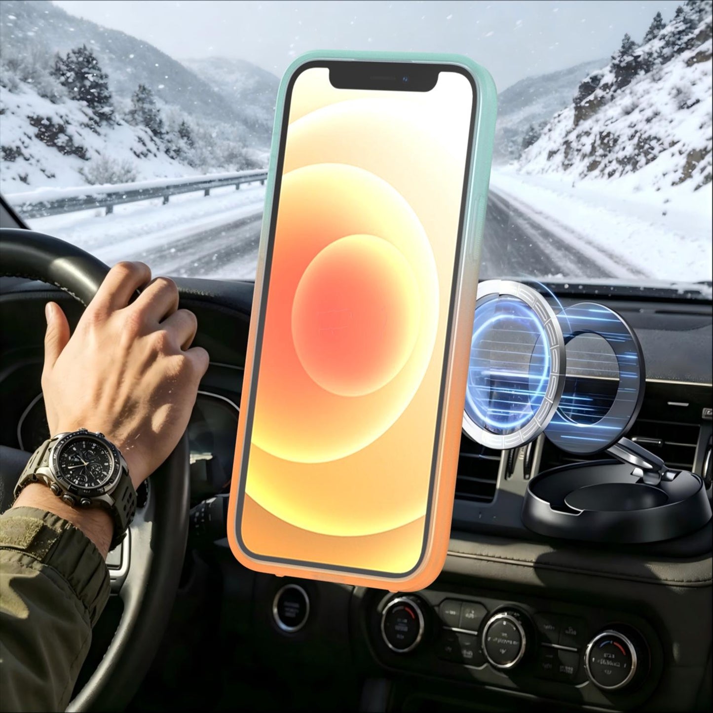 For iPhone 12 / 12 Pro Phantom Skin Feel Gradient 360 Degree Rotating Holder Phone Case(Orange)