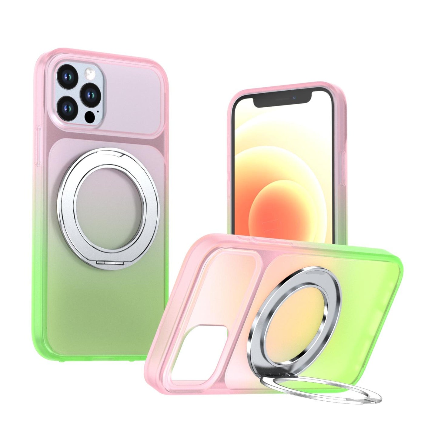 For iPhone 12 / 12 Pro Phantom Skin Feel Gradient 360 Degree Rotating Holder Phone Case(Pink)