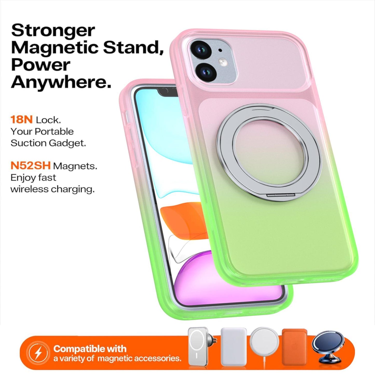 For iPhone 11 Phantom Skin Feel Gradient 360 Degree Rotating Holder Phone Case(Pink)
