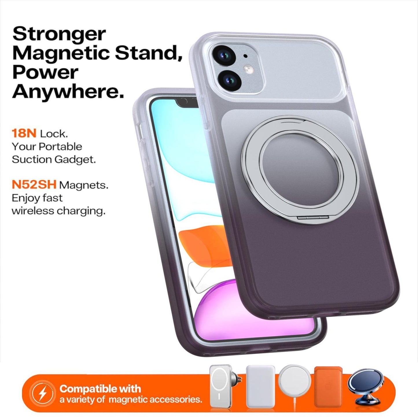 For iPhone 11 Phantom Skin Feel Gradient 360 Degree Rotating Holder Phone Case(Grey)