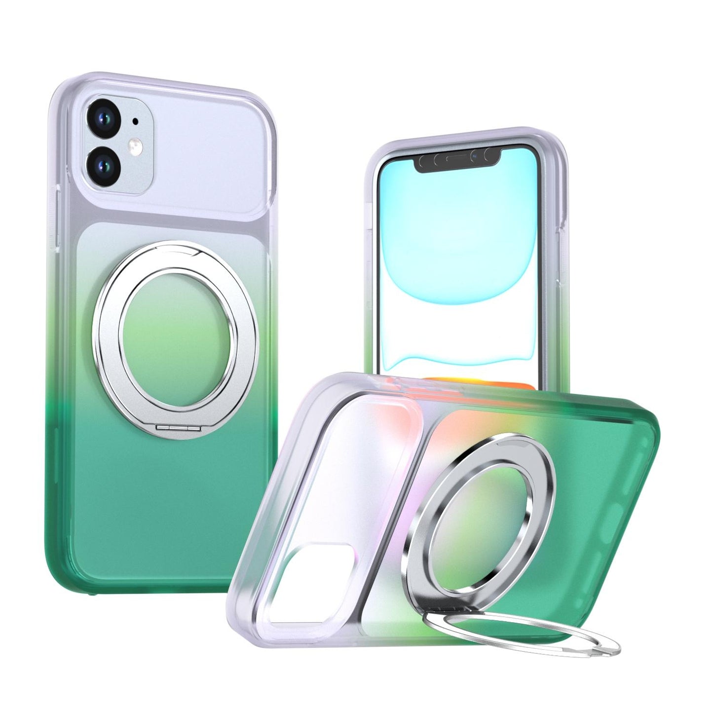 For iPhone 11 Phantom Skin Feel Gradient 360 Degree Rotating Holder Phone Case(Green)