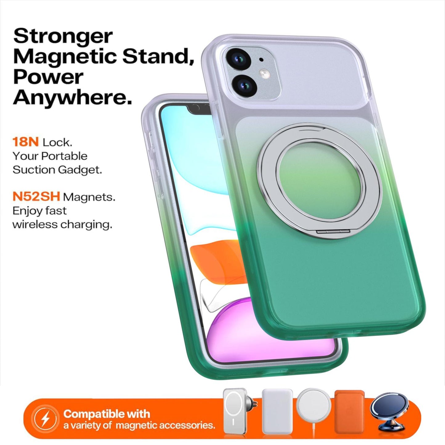 For iPhone 11 Phantom Skin Feel Gradient 360 Degree Rotating Holder Phone Case(Green)