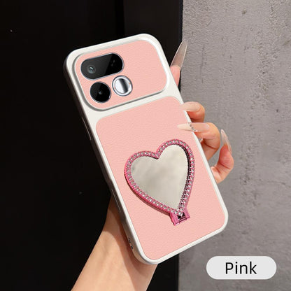 For Realme 16T 5G Lambskin Series Skin Feel Shockproof Phone Case with Heart Mirror Holder(Pink)
