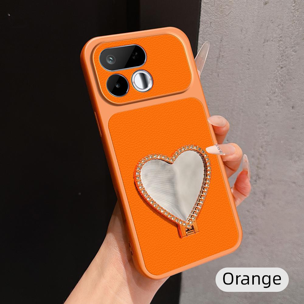 For Realme 16T 5G Lambskin Series Skin Feel Shockproof Phone Case with Heart Mirror Holder(Orange)