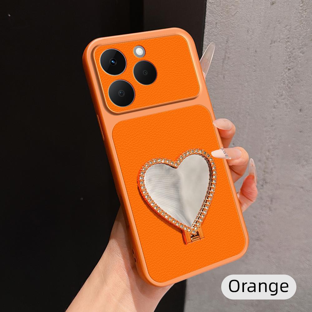 For Realme 15T 5G Lambskin Series Skin Feel Shockproof Phone Case with Heart Mirror Holder(Orange)