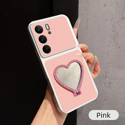 For Realme C75 5G Lambskin Series Skin Feel Shockproof Phone Case with Heart Mirror Holder(Pink)