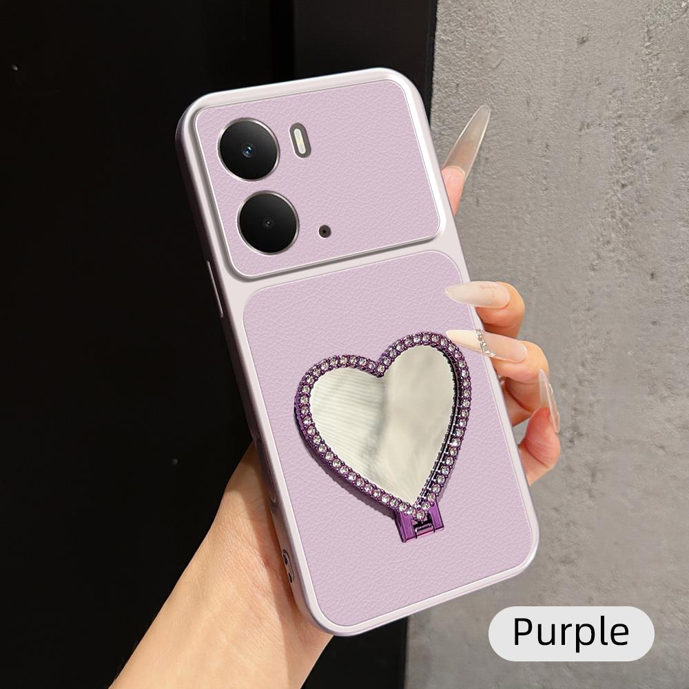 For Realme 14 Lambskin Series Skin Feel Shockproof Phone Case with Heart Mirror Holder(Purple)