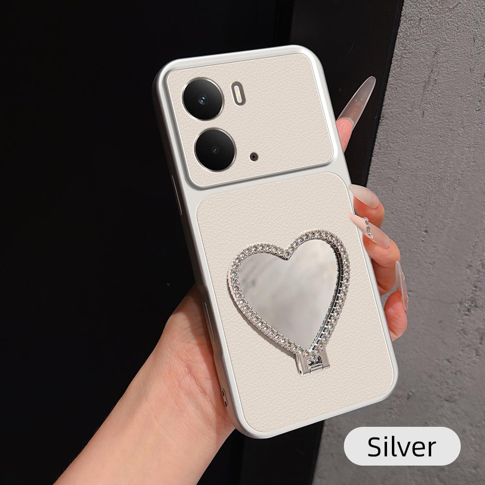 For Realme 14 Lambskin Series Skin Feel Shockproof Phone Case with Heart Mirror Holder(Silver)