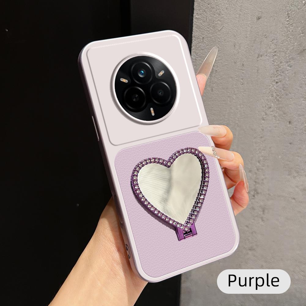 For Realme 14 Pro Lambskin Series Skin Feel Shockproof Phone Case with Heart Mirror Holder(Purple)