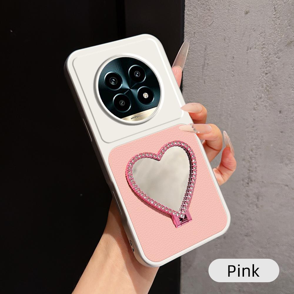 For Realme 13 Pro Lambskin Series Skin Feel Shockproof Phone Case with Heart Mirror Holder(Pink)