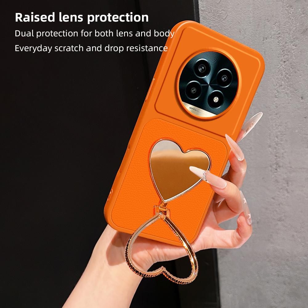 For Realme 13 Pro Lambskin Series Skin Feel Shockproof Phone Case with Heart Mirror Holder(Pink)