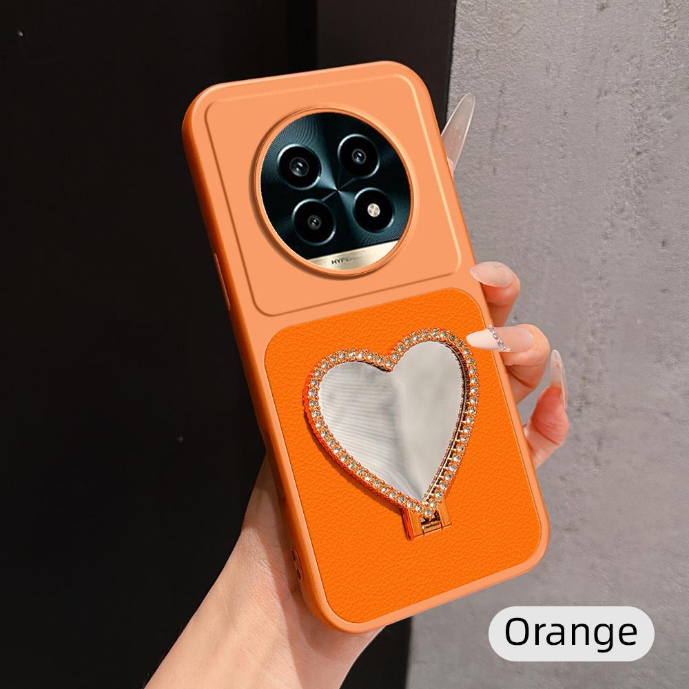 For Realme 13 Pro Lambskin Series Skin Feel Shockproof Phone Case with Heart Mirror Holder(Orange)