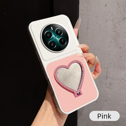 For Realme 12+ Lambskin Series Skin Feel Shockproof Phone Case with Heart Mirror Holder(Pink)
